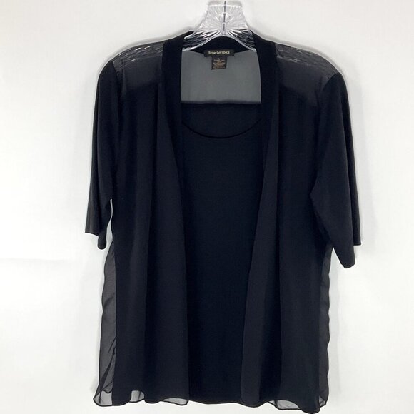 Susan Lawrence Top‎ Women Large Black Cardigan Attached Blouse Semi Sheer Flowy - Picture 1 of 9
